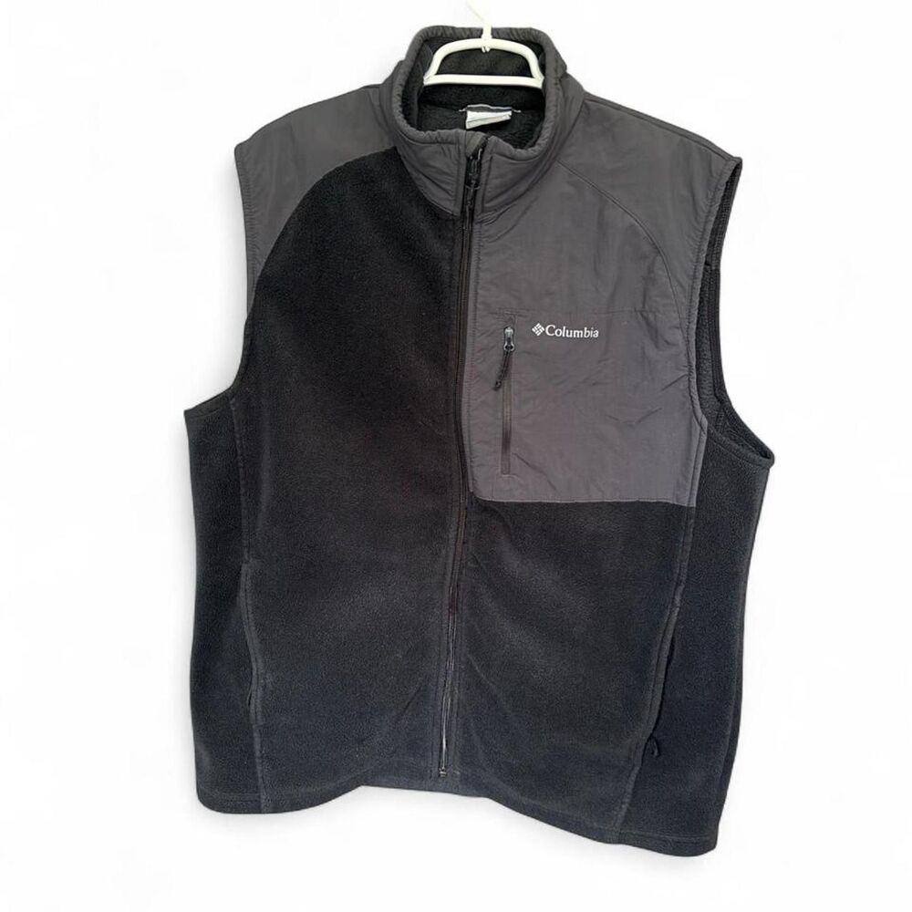Columbia Men’s L Fleece Vest Black Gray Full Zip Nylon Overlay Outdoor
